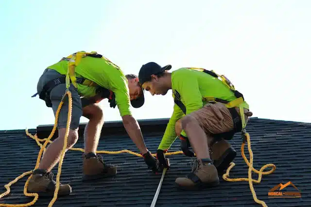 Two Norcal-Roofing workers over a roof